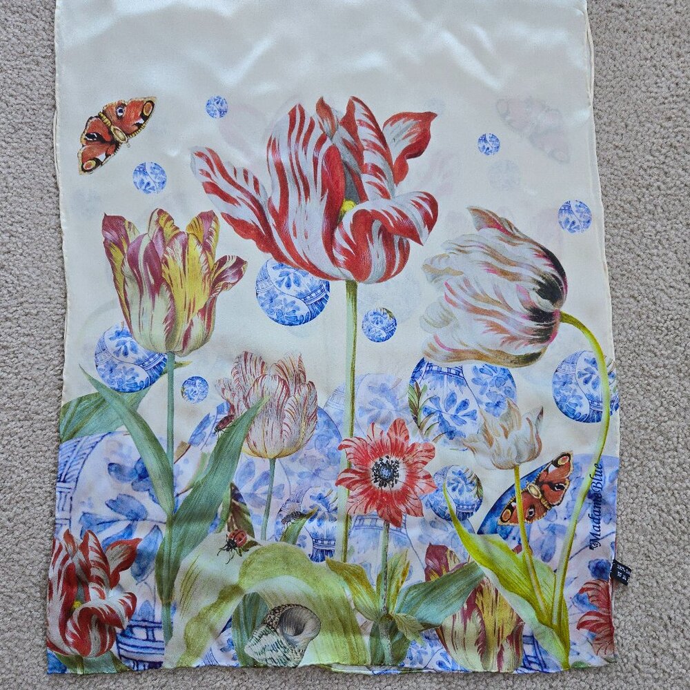 Silk Scarf Hand-Rolled Tulips Netherlands Oblong Madame Blue Floral